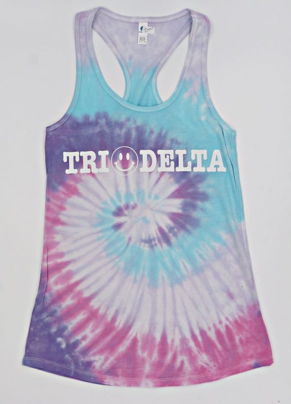 Sorority Ladies Tie Dye Tank with Smiley Face Design Hot on Sale