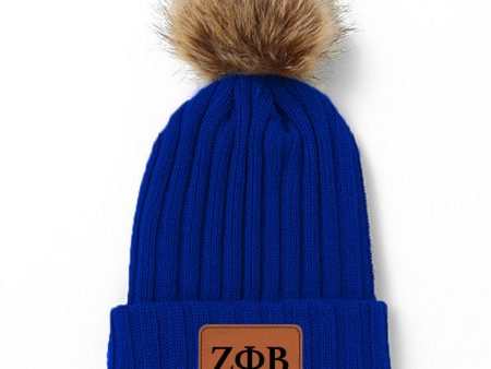 Zeta Phi Beta Leather Patch Pom Pom Knit Hat Online