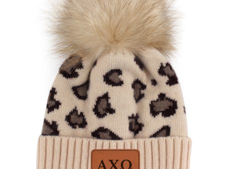 Alpha Chi Omega Leopard Print Pom Pom Beanie Hot on Sale