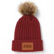 Alpha Chi Omega Leather Patch Pom Pom Knit Hat Fashion