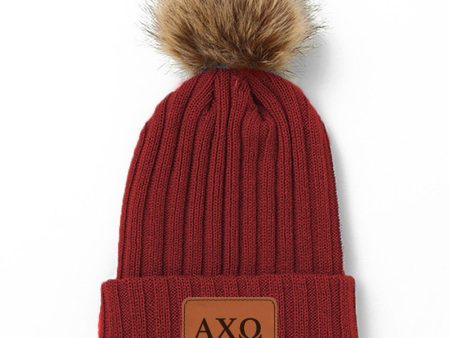 Alpha Chi Omega Leather Patch Pom Pom Knit Hat Fashion